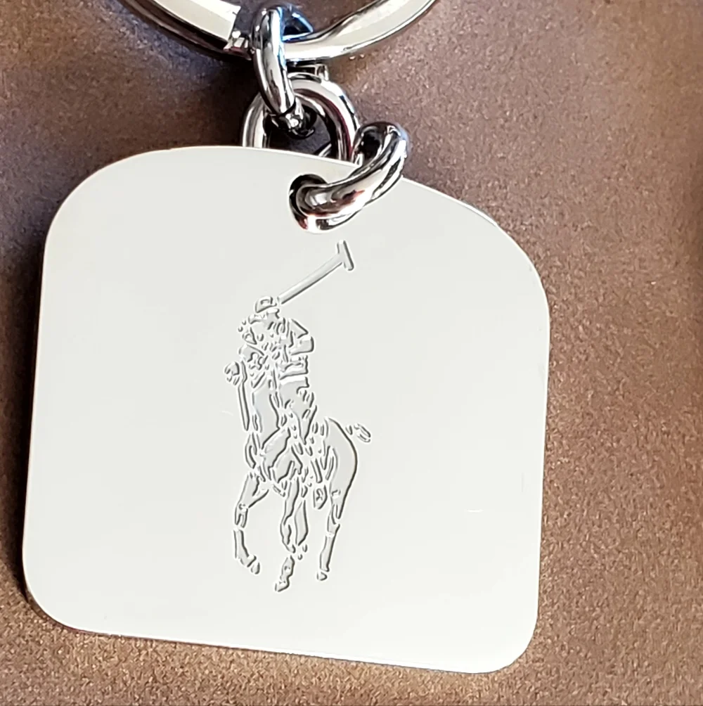 Polo Ralph Lauren Set of 2 Silver Tone Metal Engraved Logo Key Chains, NWOT